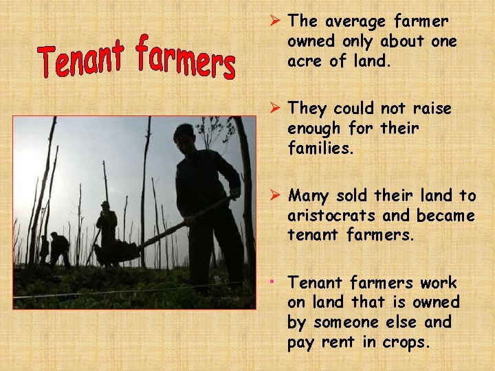 Ø The average farmer owned only about one acre of land. Ø They could