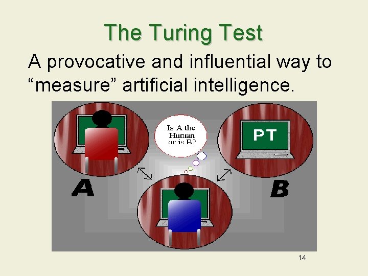 The Turing Test A provocative and influential way to “measure” artificial intelligence. 14 