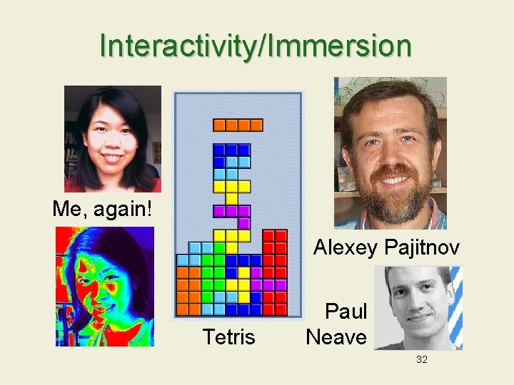 Interactivity/Immersion Me, again! Alexey Pajitnov Tetris Paul Neave 32 