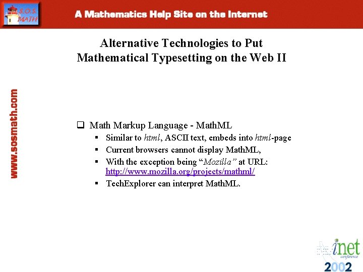 Alternative Technologies to Put Mathematical Typesetting on the Web II q Math Markup Language Alternative Technologies to Put Mathematical Typesetting on the Web II q Math Markup Language