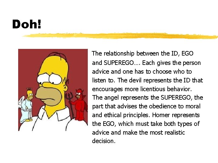 Doh! The relationship between the ID, EGO and SUPEREGO…. Each gives the person advice
