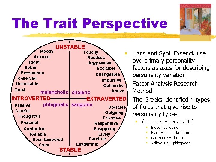 The Trait Perspective Moody Anxious Rigid Sober Pessimistic Reserved Unsociable Quiet UNSTABLE Hans and
