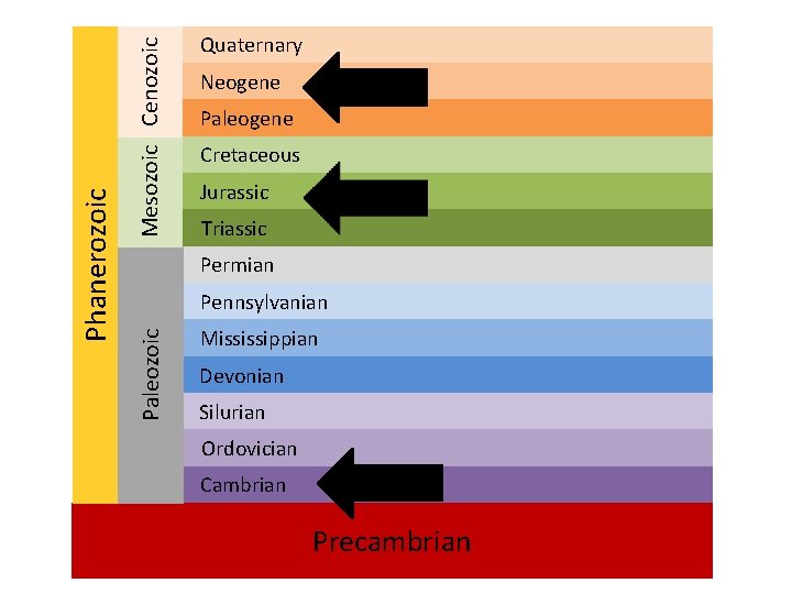 Mesozoic Cenozoic Neogene Paleogene Cretaceous Jurassic Triassic Permian Pennsylvanian Paleozoic Phanerozoic Quaternary Mississippian Devonian