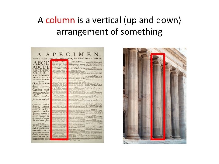 A column is a vertical (up and down) arrangement of something 