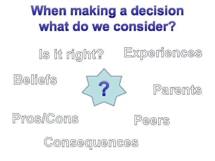 When making a decision what do we consider? Is it right? Beliefs Pros/Cons Experiences