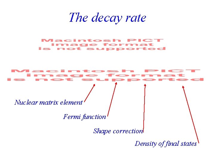 The decay rate Nuclear matrix element Fermi function Shape correction Density of final states