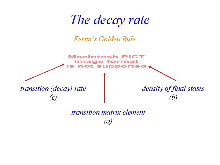 The decay rate Fermi’s Golden Rule transition (decay) rate (c) density of final states