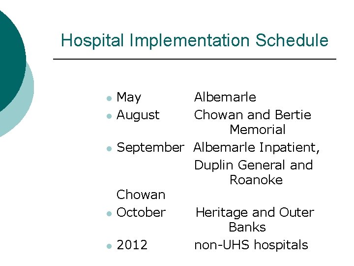 Hospital Implementation Schedule l l l May August Albemarle Chowan and Bertie Memorial September