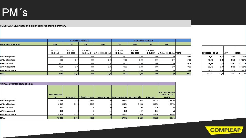 PM´s COMPLEAP Quarterly and biannually reporting summary REPORTING PERIOD 1 Actual PMs per Quarter