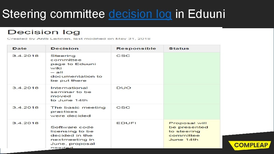 Steering committee decision log in Eduuni 