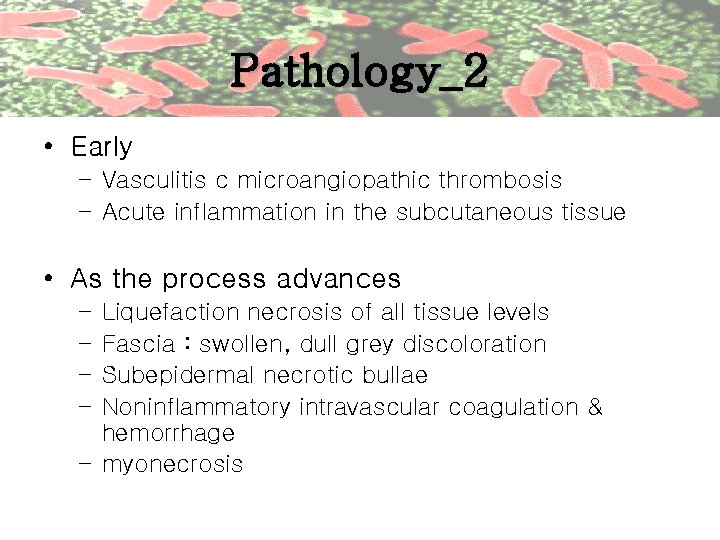 Pathology_2 • Early – Vasculitis c microangiopathic thrombosis – Acute inflammation in the subcutaneous