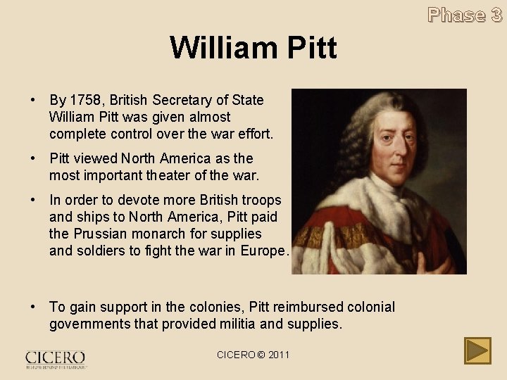 Phase 3 William Pitt • By 1758, British Secretary of State William Pitt was