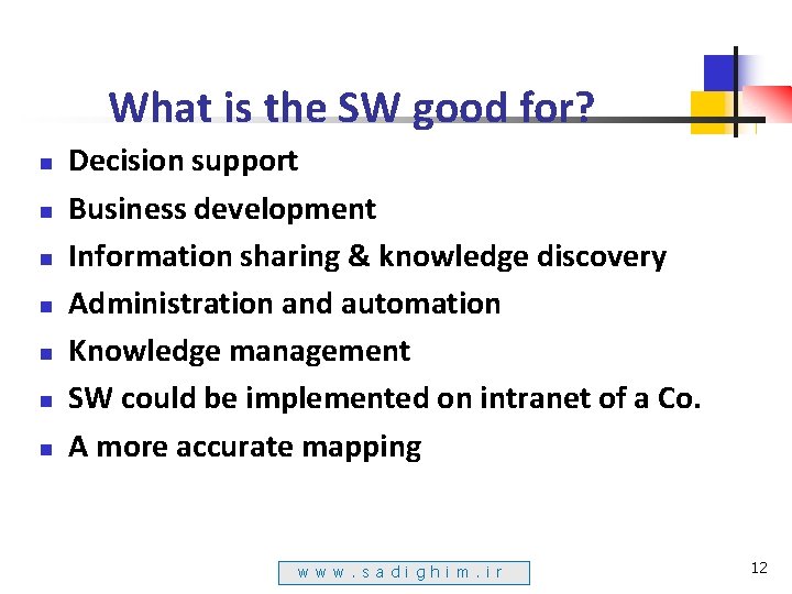 What is the SW good for? n n n n Decision support Business development