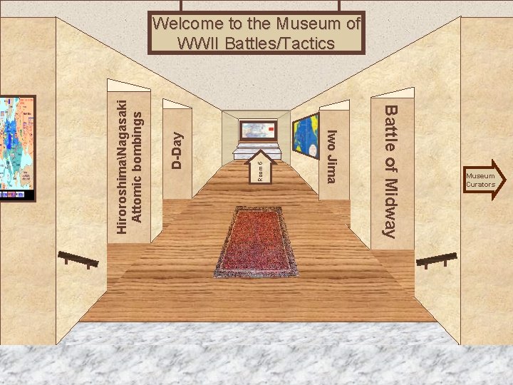 D-Day Room 5 Museum Entrance Battle of Midway Iwo Jima HiroroshimaNagasaki Attomic bombings Welcome