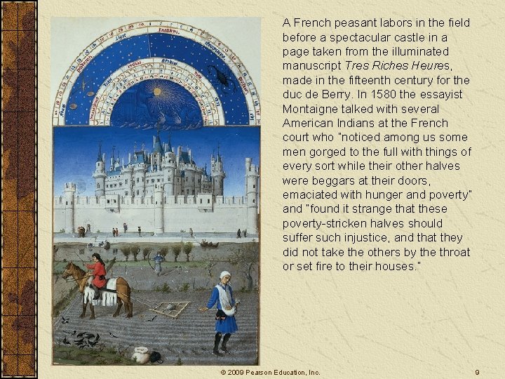 A French peasant labors in the field before a spectacular castle in a page