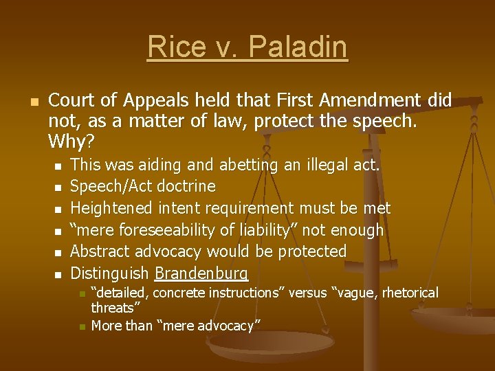Rice v. Paladin n Court of Appeals held that First Amendment did not, as