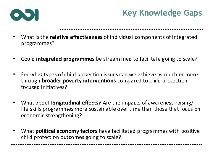 Key Knowledge Gaps • What is the relative effectiveness of individual components of integrated