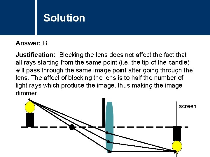 Solution Answer: B Justification: Blocking the lens does not affect the fact that all