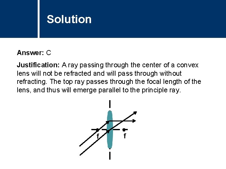 Solution Answer: C Justification: A ray passing through the center of a convex lens