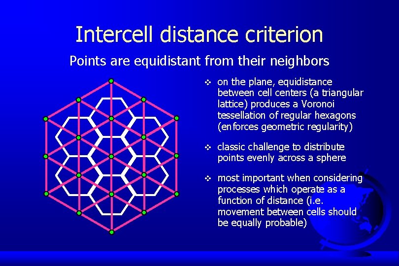 Intercell distance criterion Points are equidistant from their neighbors v on the plane, equidistance