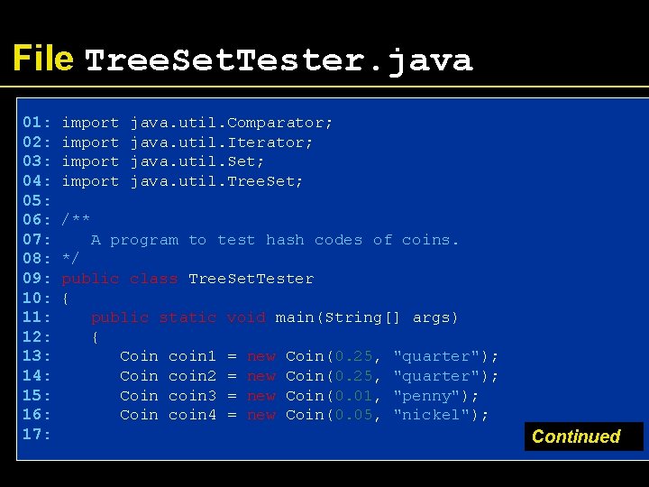 File Tree. Set. Tester. java 01: 02: 03: 04: 05: 06: 07: 08: 09: