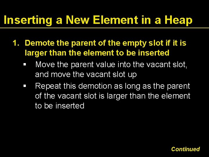 Inserting a New Element in a Heap 1. Demote the parent of the empty