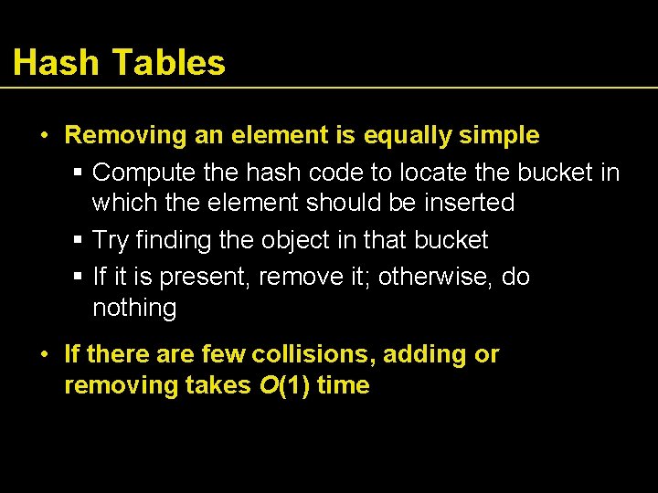 Hash Tables • Removing an element is equally simple Compute the hash code to