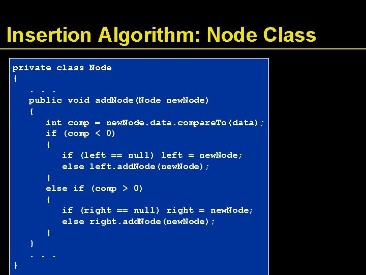 Insertion Algorithm: Node Class private class Node {. . . public void add. Node(Node