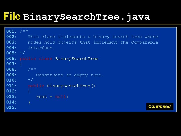File Binary. Search. Tree. java 001: 002: 003: 004: 005: 006: 007: 008: 009: