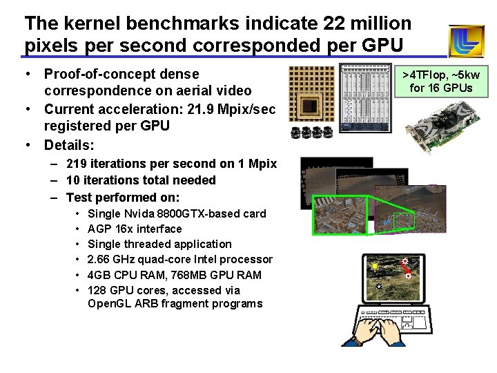 The kernel benchmarks indicate 22 million pixels per second corresponded per GPU • Proof-of-concept The kernel benchmarks indicate 22 million pixels per second corresponded per GPU • Proof-of-concept