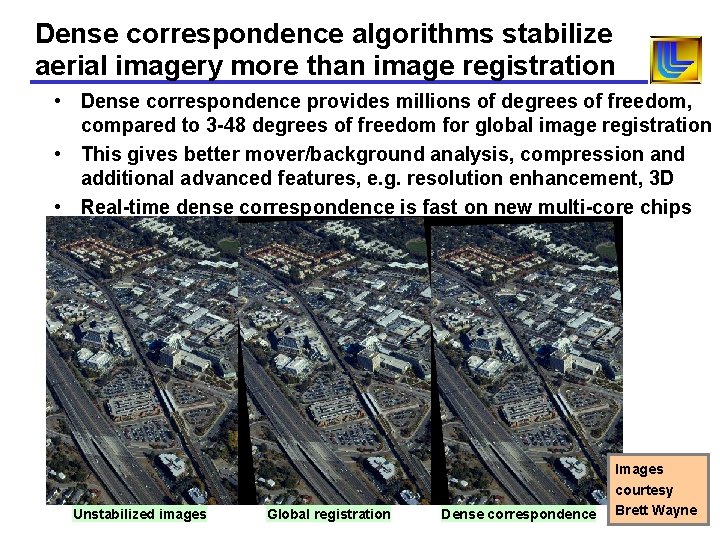 Dense correspondence algorithms stabilize aerial imagery more than image registration • Dense correspondence provides Dense correspondence algorithms stabilize aerial imagery more than image registration • Dense correspondence provides