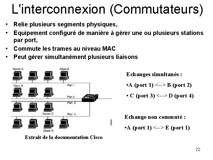 L'interconnexion (Commutateurs) • Relie plusieurs segments physiques, • Equipement configuré de manière à gérer