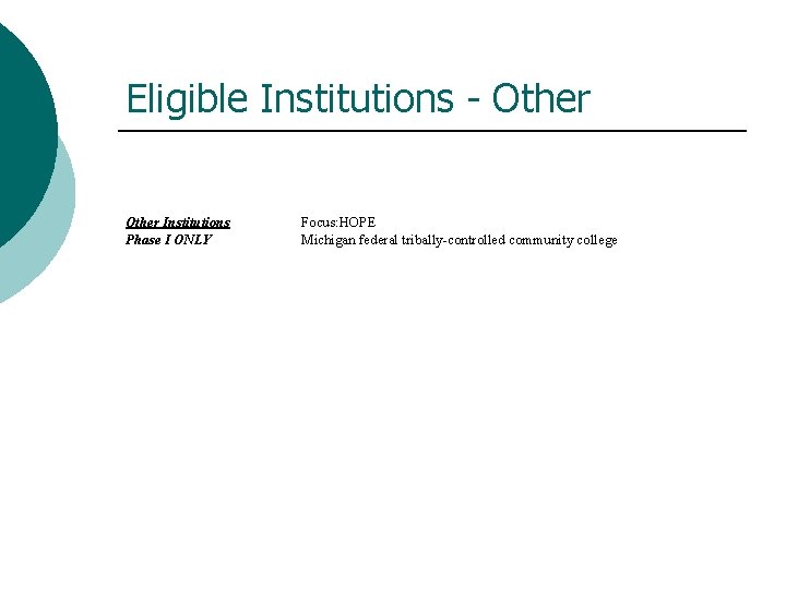 Eligible Institutions - Other Institutions Phase I ONLY Focus: HOPE Michigan federal tribally-controlled community