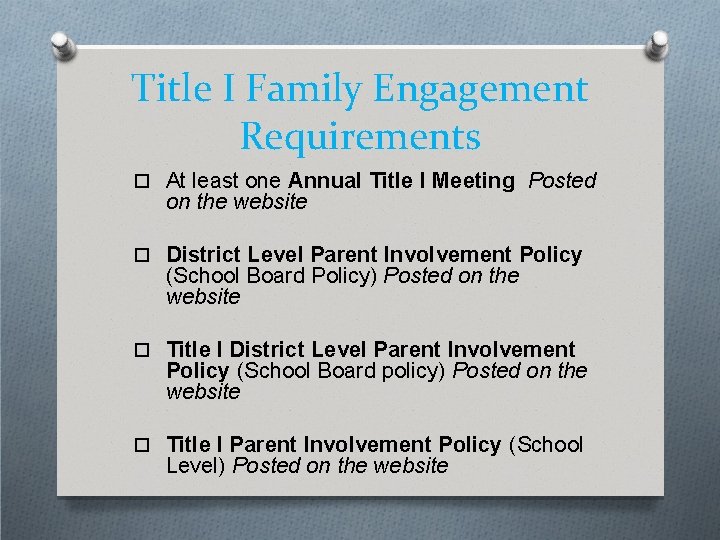 Title I Family Engagement Requirements At least one Annual Title I Meeting Posted on