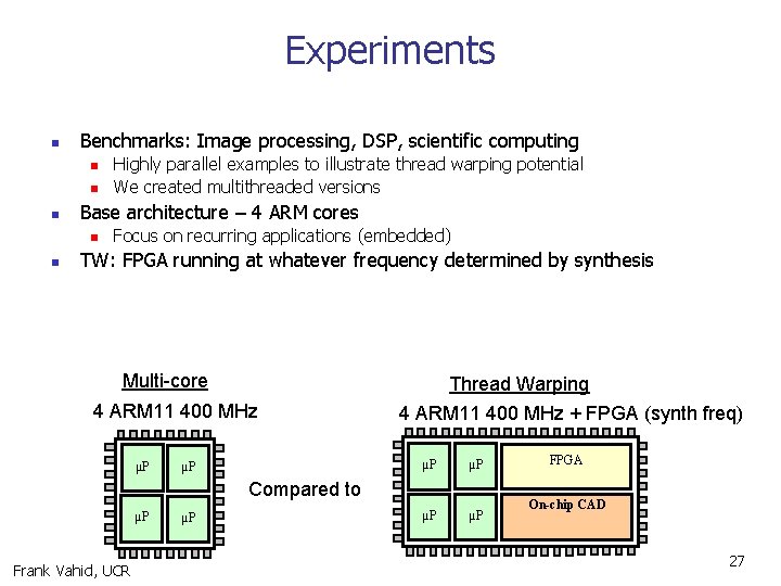 Experiments n Benchmarks: Image processing, DSP, scientific computing n n n Base architecture –