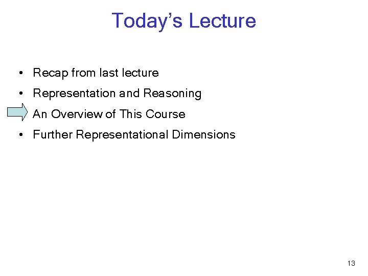 Today’s Lecture • Recap from last lecture • Representation and Reasoning • An Overview