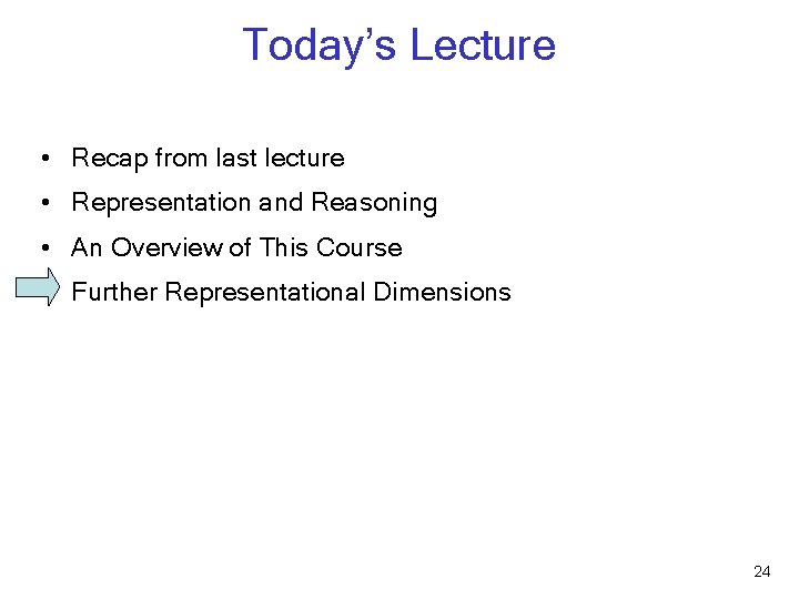 Today’s Lecture • Recap from last lecture • Representation and Reasoning • An Overview