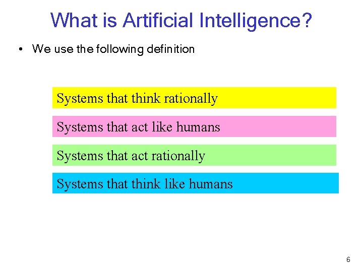 What is Artificial Intelligence? • We use the following definition Systems that think rationally