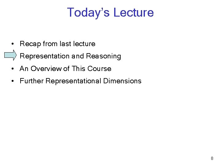 Today’s Lecture • Recap from last lecture • Representation and Reasoning • An Overview