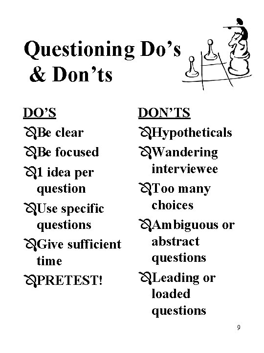 Questioning Do’s & Don’ts DO’S ÔBe clear ÔBe focused Ô 1 idea per question