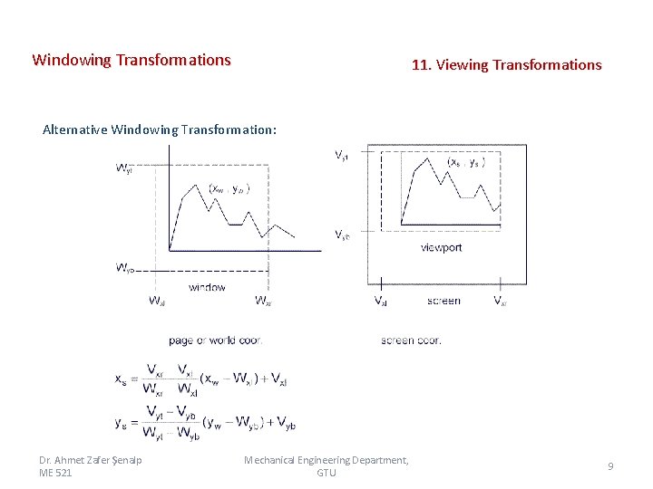  Windowing Transformations 11. Viewing Transformations Alternative Windowing Transformation: Dr. Ahmet Zafer Şenalp ME