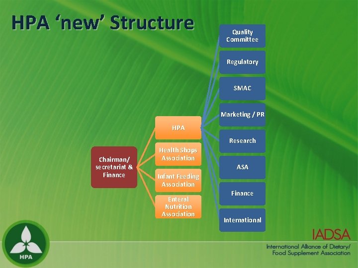 HPA ‘new’ Structure Quality Committee Regulatory SMAC Marketing / PR HPA Research Chairman/ secretariat HPA ‘new’ Structure Quality Committee Regulatory SMAC Marketing / PR HPA Research Chairman/ secretariat