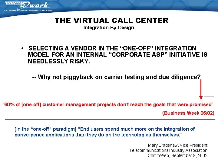 THE VIRTUAL CALL CENTER Integration-By-Design • SELECTING A VENDOR IN THE “ONE-OFF” INTEGRATION MODEL THE VIRTUAL CALL CENTER Integration-By-Design • SELECTING A VENDOR IN THE “ONE-OFF” INTEGRATION MODEL