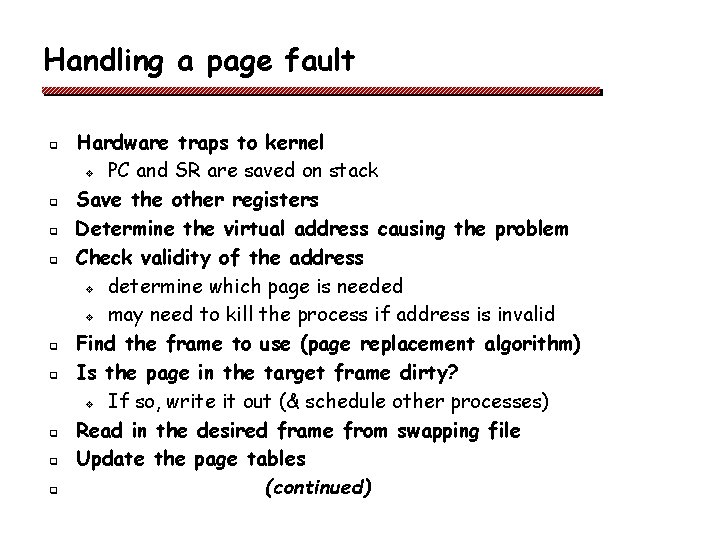 Handling a page fault q q q q q Hardware traps to kernel v