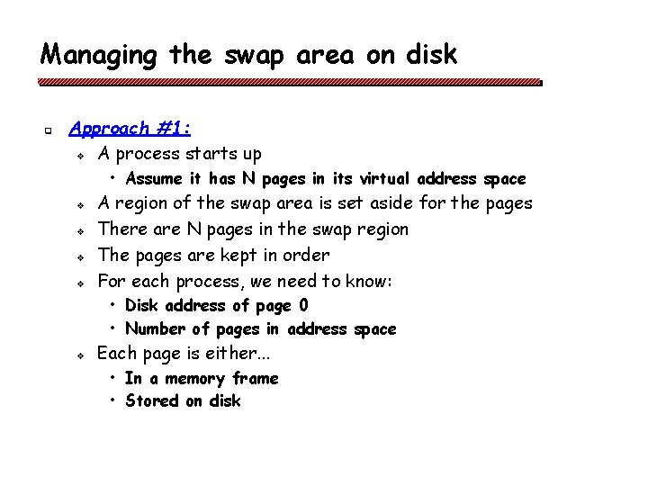 Managing the swap area on disk q Approach #1: v A process starts up