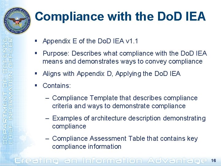 Compliance with the Do. D IEA § Appendix E of the Do. D IEA