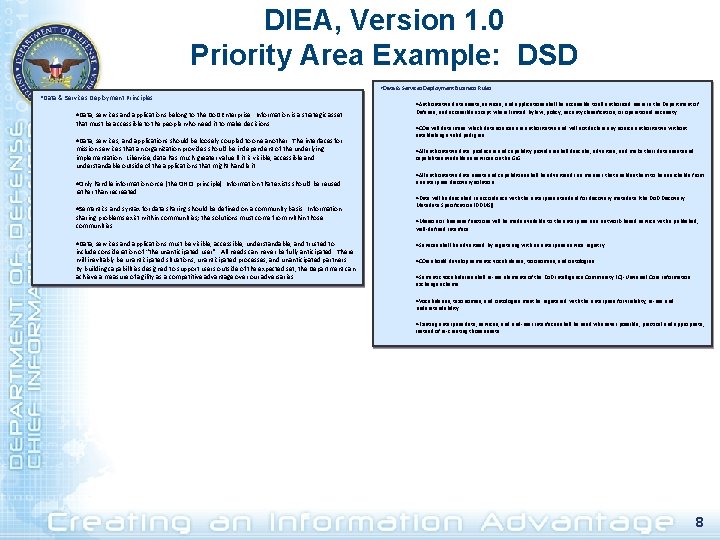 DIEA, Version 1. 0 Priority Area Example: DSD • Data & Services Deployment Business