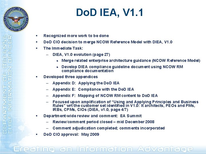 Do. D IEA, V 1. 1 § Recognized more work to be done §