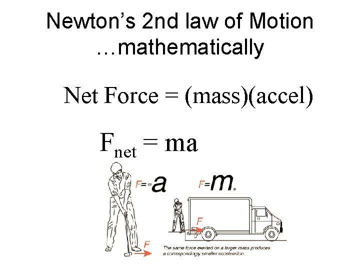 Newton’s 2 nd law of Motion …mathematically Net Force = (mass)(accel) Fnet = ma