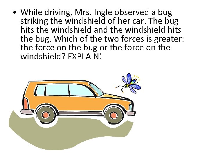  • While driving, Mrs. Ingle observed a bug striking the windshield of her